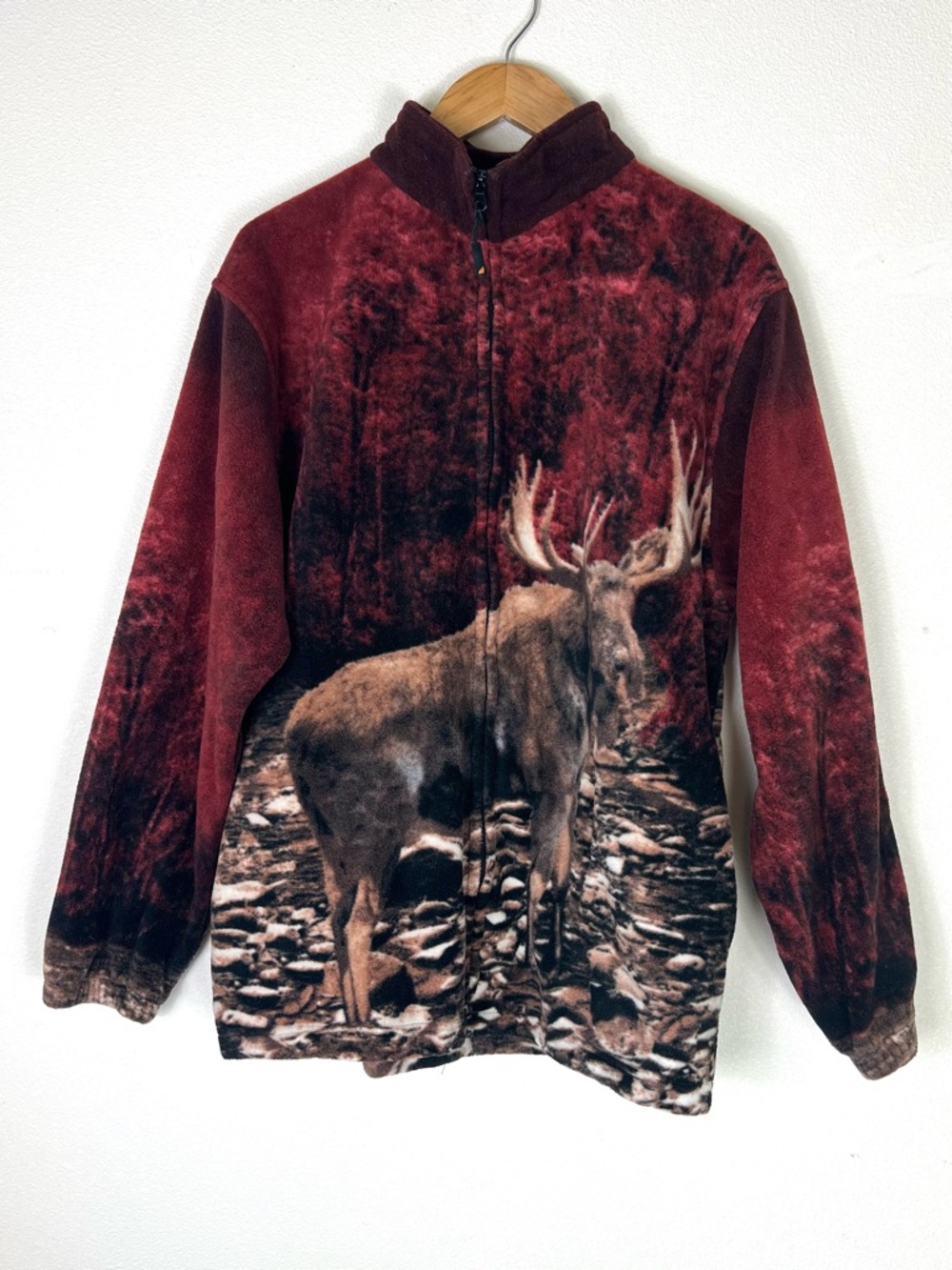 Wildkind Vintage Moose Animal Print Full-Zip Fleece Jacket in Deep Red Maroon